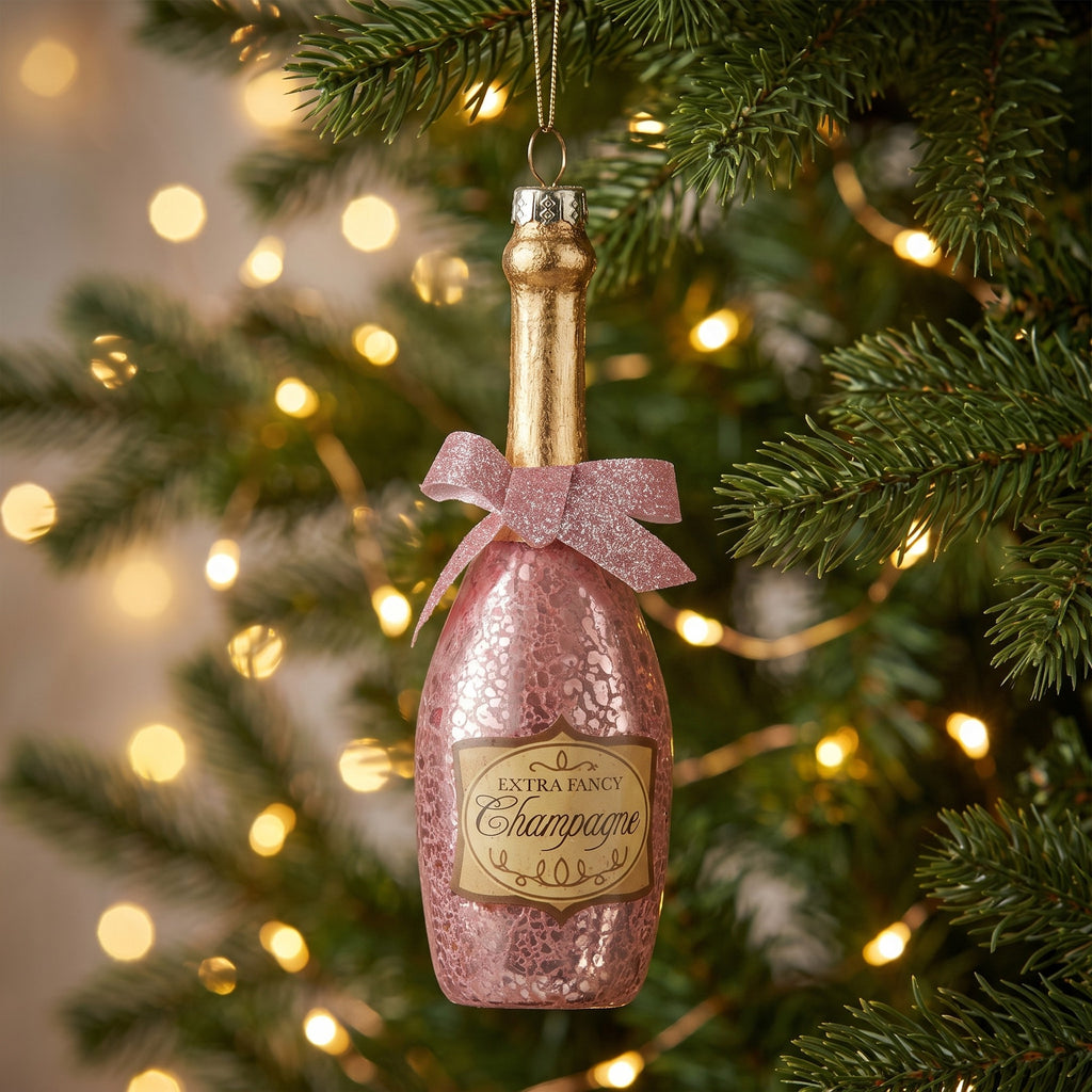 Christabelle 6 Pink Glass Christmas Baubles Champagne Bottle Novelty 14cm Xmas Tree Decorations Hanging Ornaments