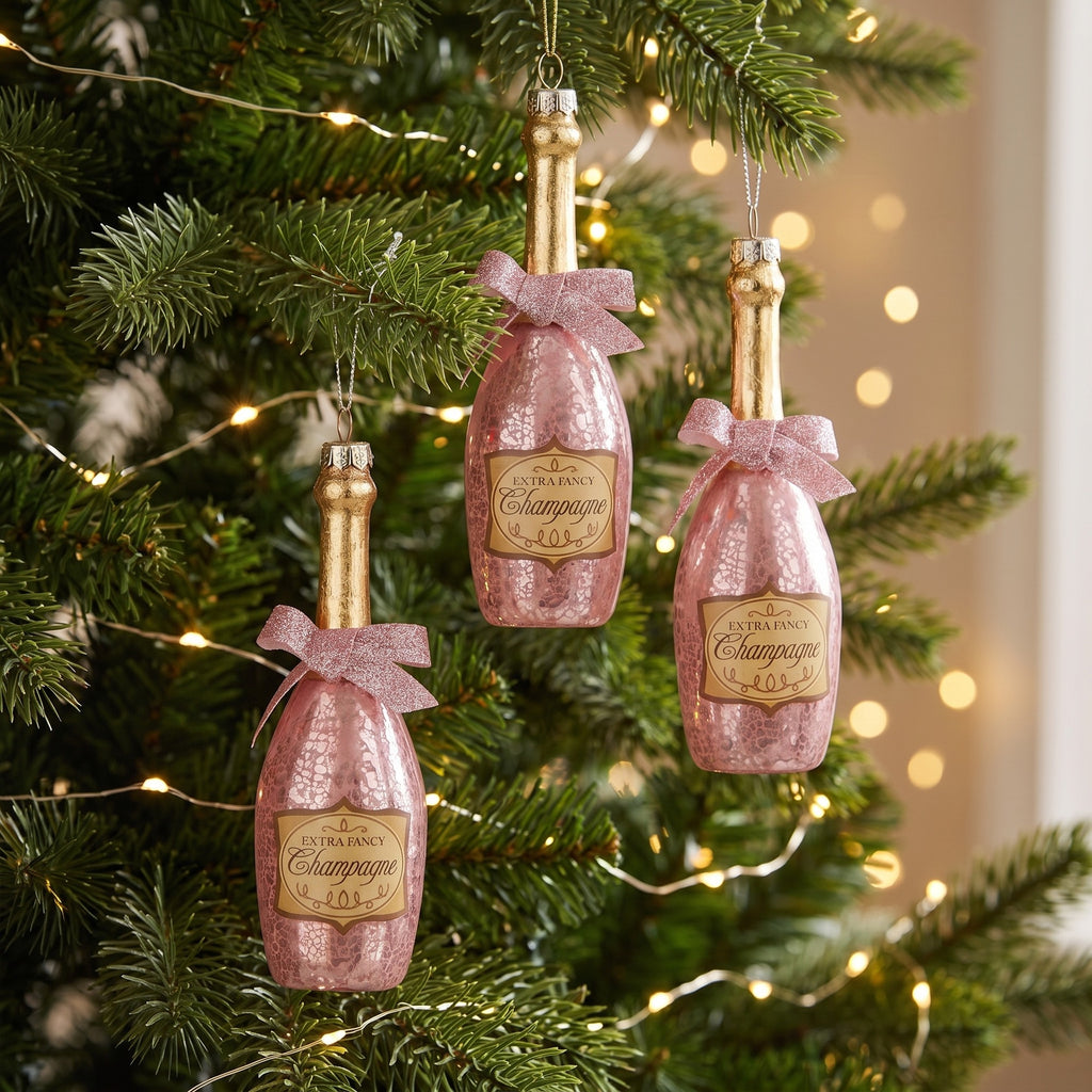 Christabelle 6 Pink Glass Christmas Baubles Champagne Bottle Novelty 14cm Xmas Tree Decorations Hanging Ornaments