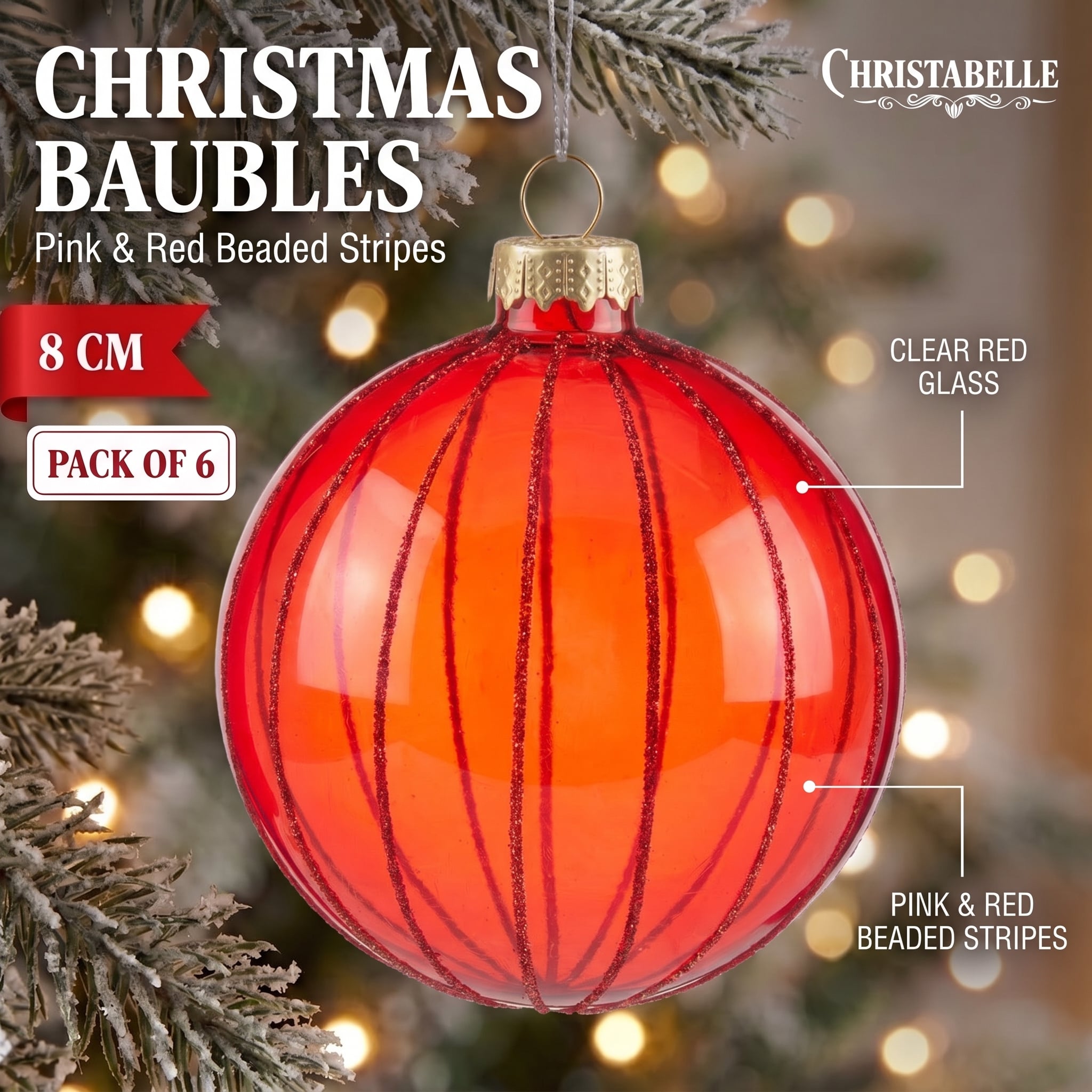 Christabelle 6 Red Glass Christmas Baubles Pink Beaded Stripes 8cm Xmas Tree Decorations Hanging Ornaments