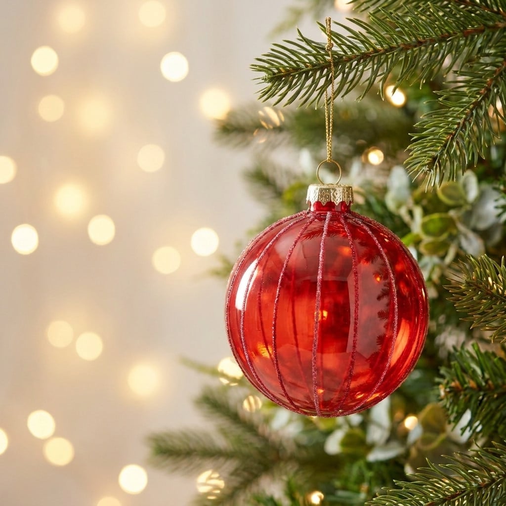Christabelle 6 Red Glass Christmas Baubles Pink Beaded Stripes 8cm Xmas Tree Decorations Hanging Ornaments