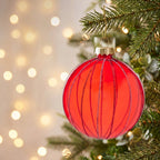 Christabelle 6 Red Glass Christmas Baubles Pink Beaded Stripes 8cm Xmas Tree Decorations Hanging Ornaments