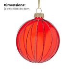 Christabelle 6 Red Glass Christmas Baubles Pink Beaded Stripes 8cm Xmas Tree Decorations Hanging Ornaments