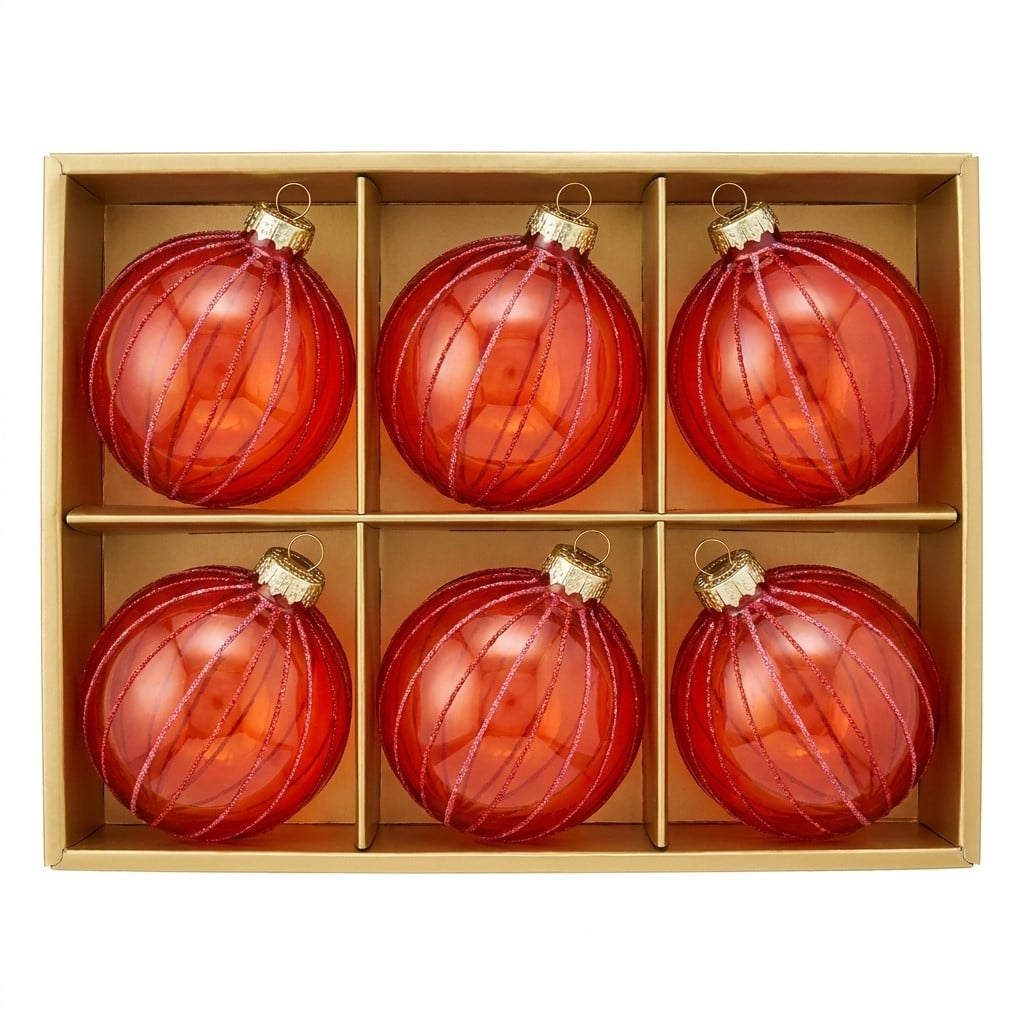 Christabelle 6 Red Glass Christmas Baubles Pink Beaded Stripes 8cm Xmas Tree Decorations Hanging Ornaments