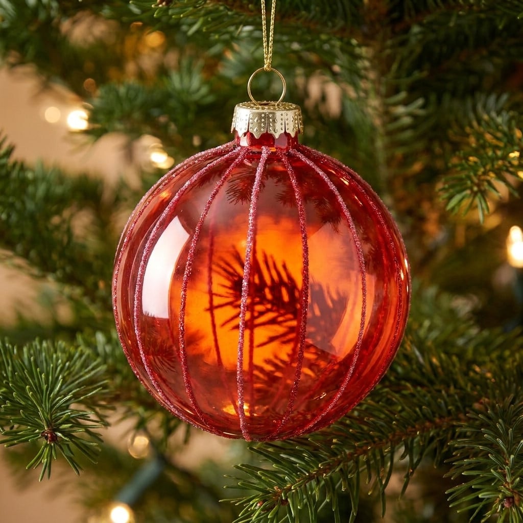 Christabelle 6 Red Glass Christmas Baubles Pink Beaded Stripes 8cm Xmas Tree Decorations Hanging Ornaments