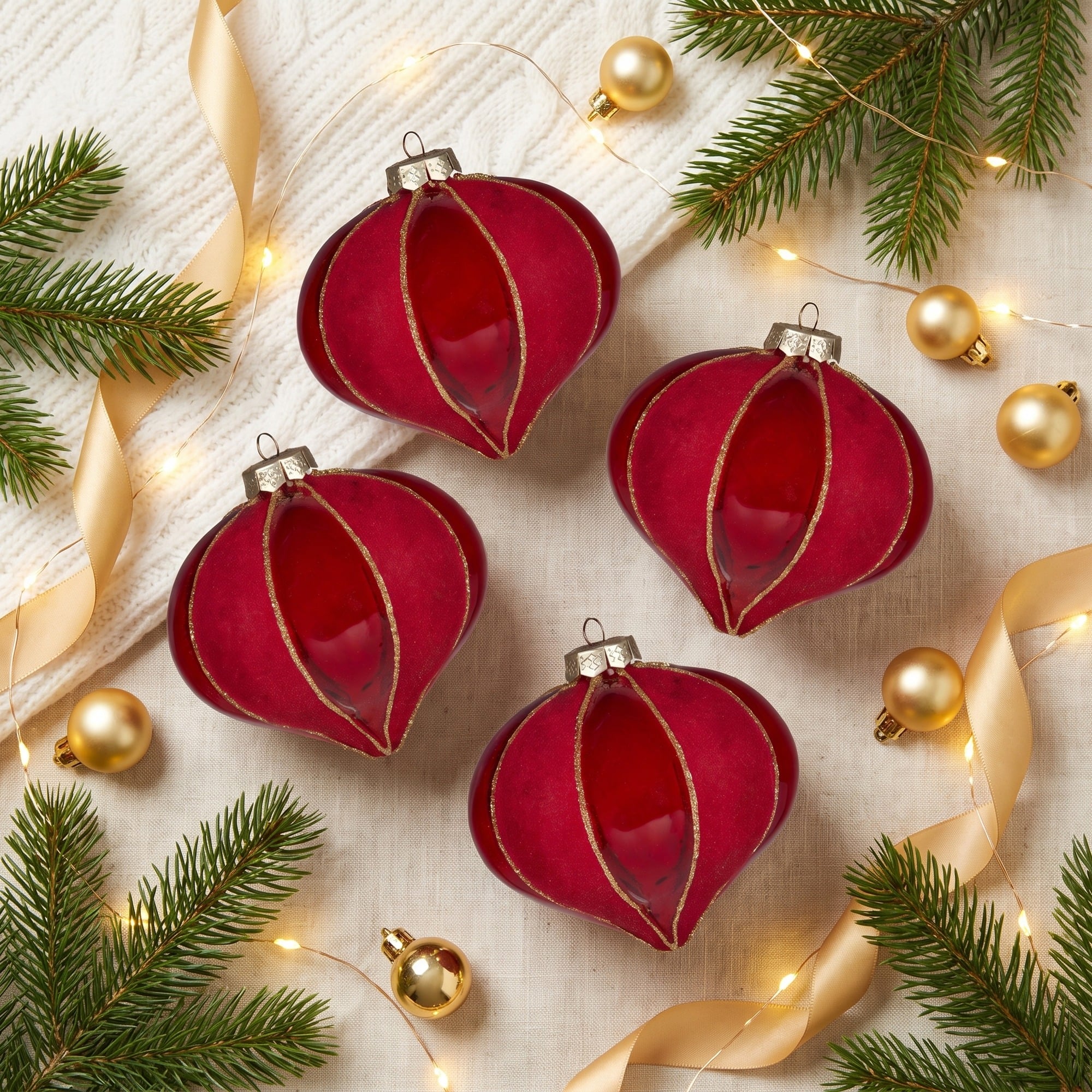 Christabelle 6 Red Glass Christmas Baubles Onion Shape 10cm Xmas Tree Decorations Hanging Ornaments Gift Boxed Set