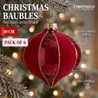 Christabelle 6 Red Glass Christmas Baubles Onion Shape 10cm Xmas Tree Decorations Hanging Ornaments Gift Boxed Set