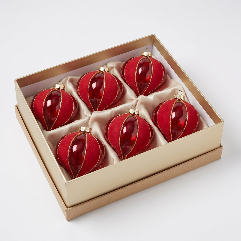 Christabelle 6 Red Glass Christmas Baubles Onion Shape 10cm Xmas Tree Decorations Hanging Ornaments Gift Boxed Set