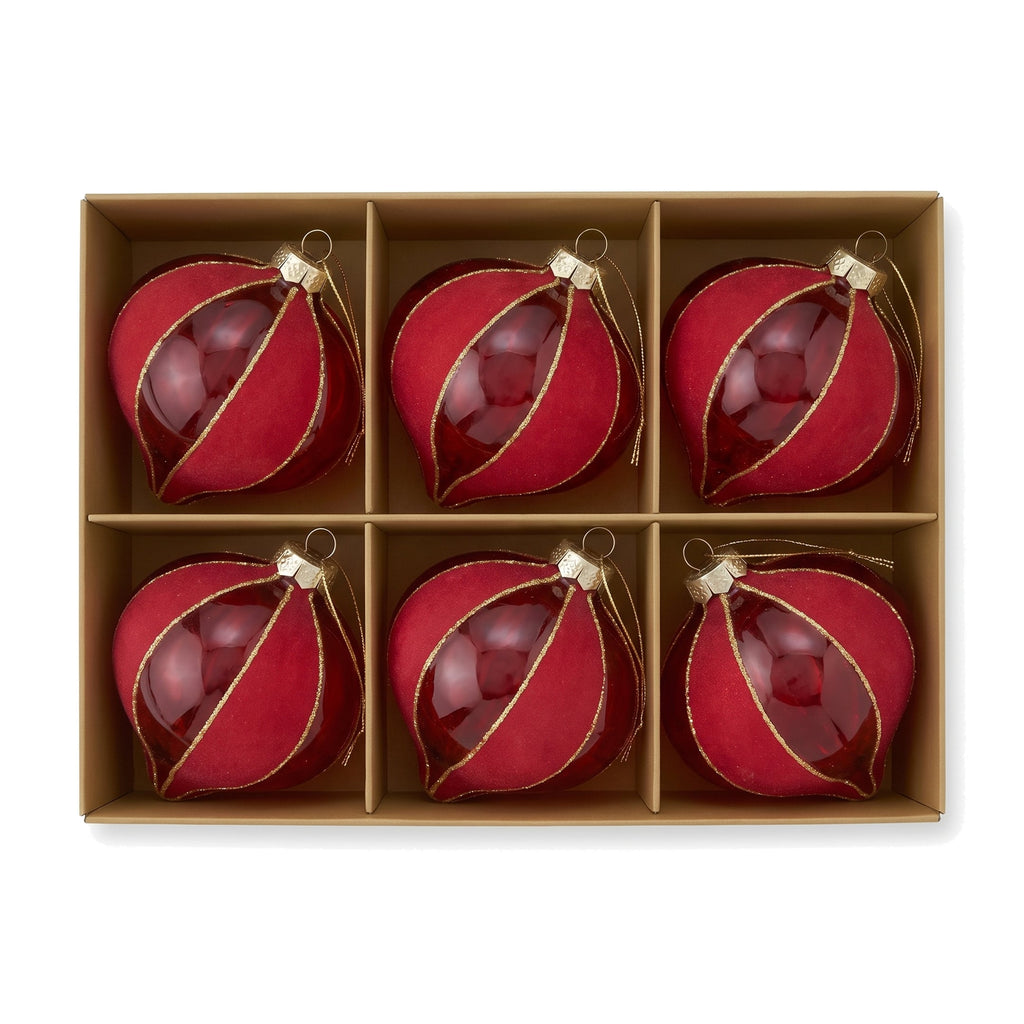 Christabelle 6 Red Glass Christmas Baubles Onion Shape 10cm Xmas Tree Decorations Hanging Ornaments Gift Boxed Set