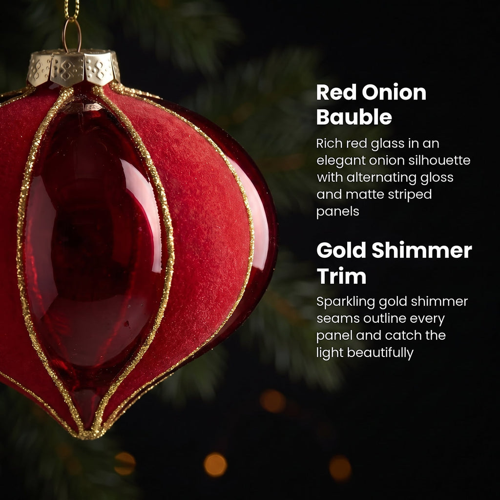 Christabelle 6 Red Glass Christmas Baubles Onion Shape 10cm Xmas Tree Decorations Hanging Ornaments Gift Boxed Set