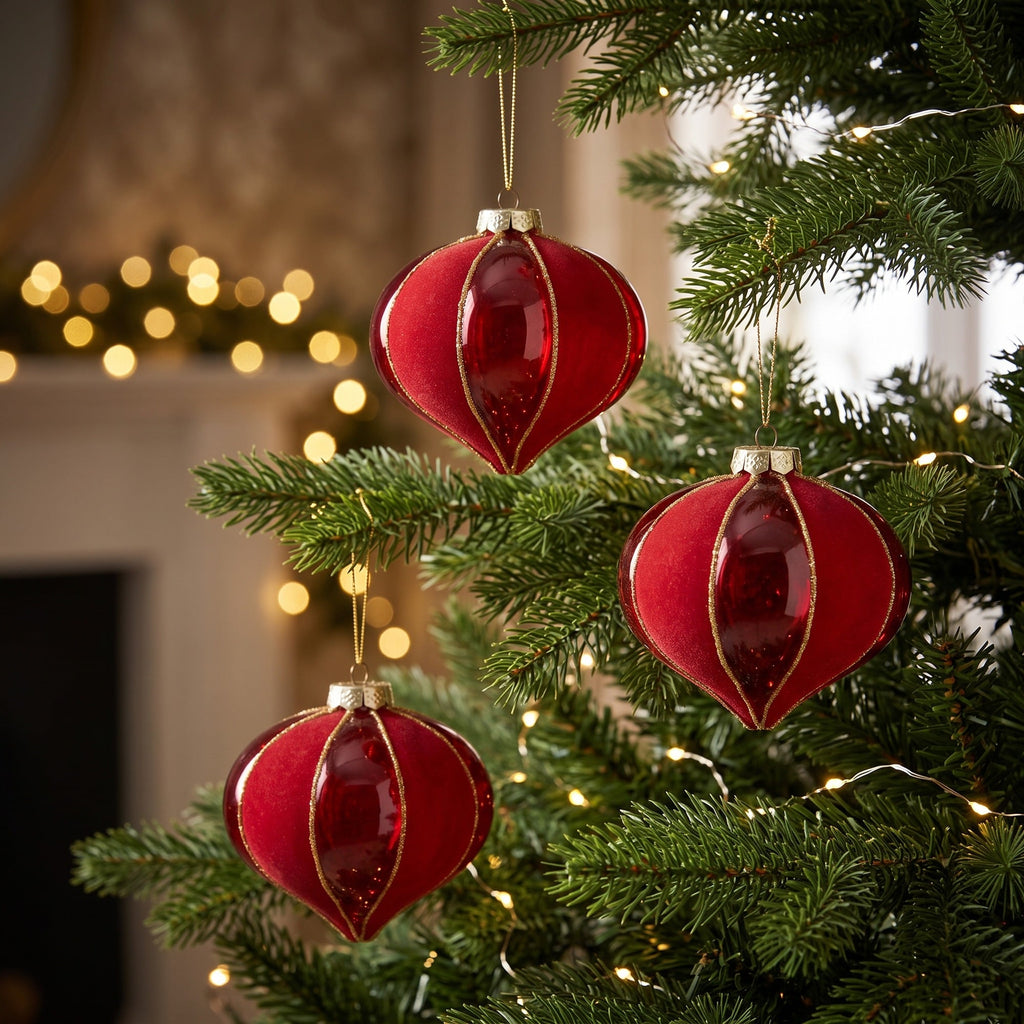 Christabelle 6 Red Glass Christmas Baubles Onion Shape 10cm Xmas Tree Decorations Hanging Ornaments Gift Boxed Set