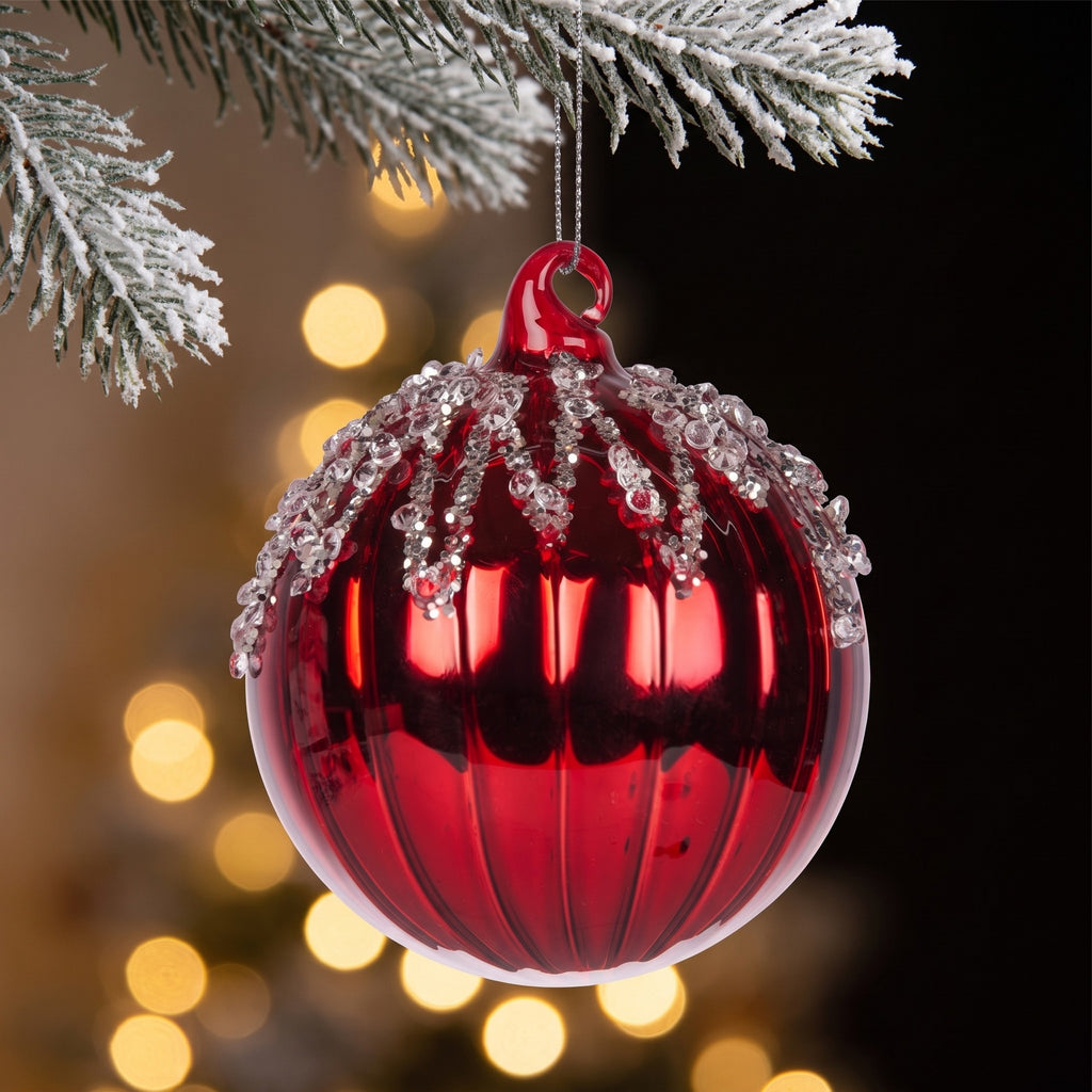 Christabelle 6 Red Glass Christmas Baubles Jewel Ice Drips 8cm Xmas Tree Decorations Hanging Ornaments Gift Boxed Set
