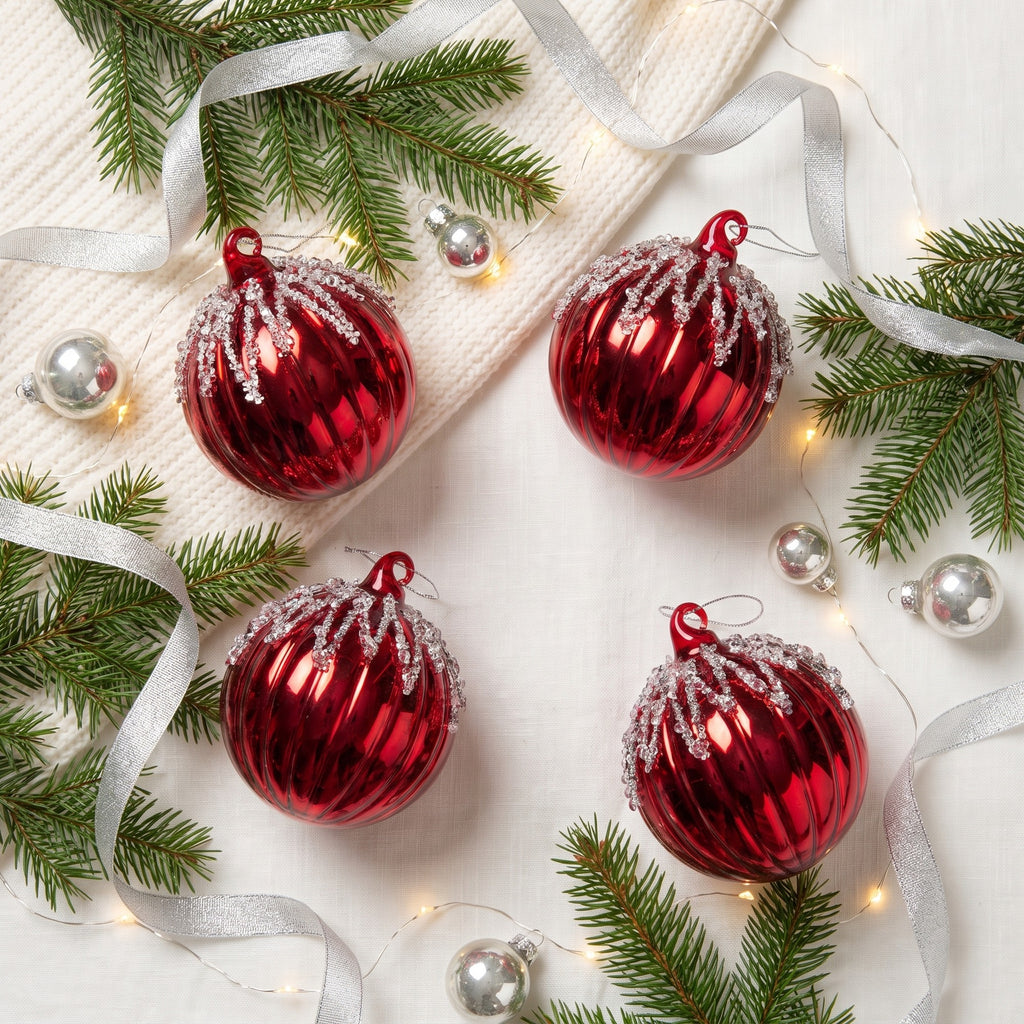 Christabelle 6 Red Glass Christmas Baubles Jewel Ice Drips 8cm Xmas Tree Decorations Hanging Ornaments Gift Boxed Set