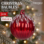 Christabelle 6 Red Glass Christmas Baubles Jewel Ice Drips 8cm Xmas Tree Decorations Hanging Ornaments Gift Boxed Set