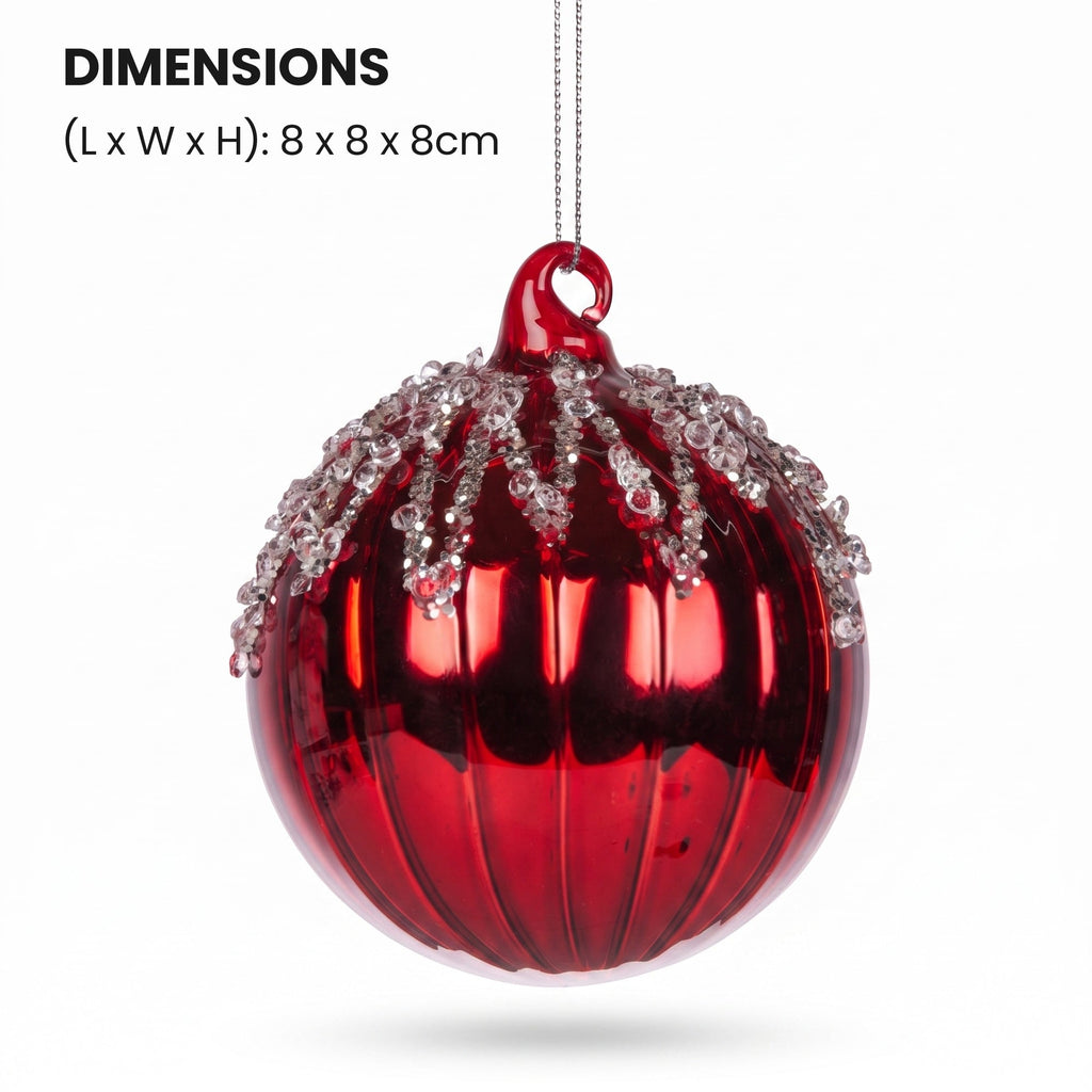 Christabelle 6 Red Glass Christmas Baubles Jewel Ice Drips 8cm Xmas Tree Decorations Hanging Ornaments Gift Boxed Set