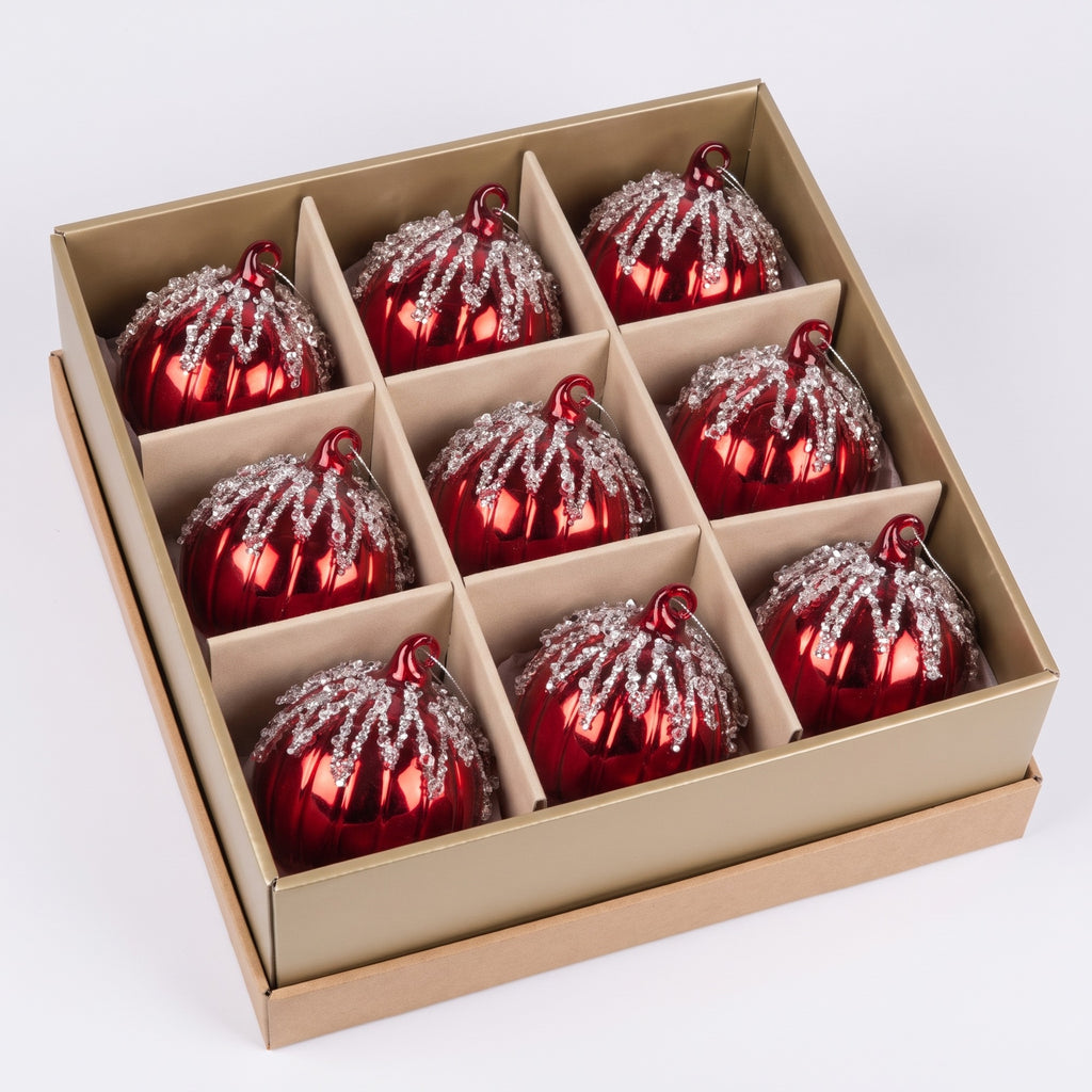 Christabelle 6 Red Glass Christmas Baubles Jewel Ice Drips 8cm Xmas Tree Decorations Hanging Ornaments Gift Boxed Set
