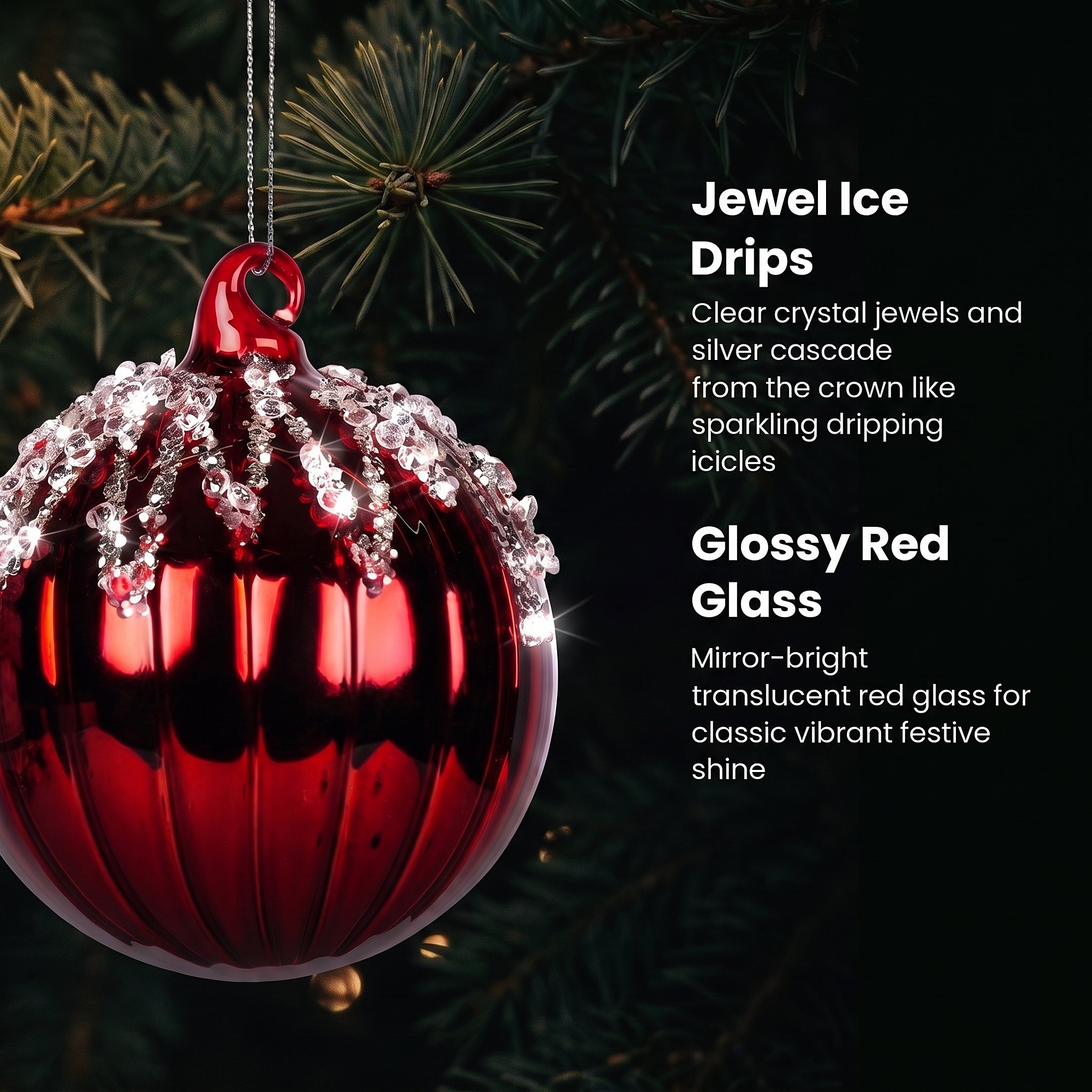Christabelle 6 Red Glass Christmas Baubles Jewel Ice Drips 8cm Xmas Tree Decorations Hanging Ornaments Gift Boxed Set