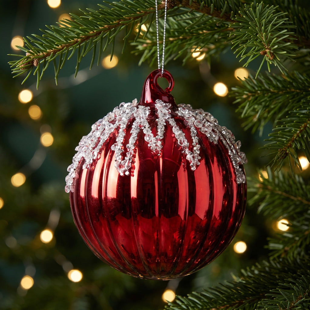 Christabelle 6 Red Glass Christmas Baubles Jewel Ice Drips 8cm Xmas Tree Decorations Hanging Ornaments Gift Boxed Set