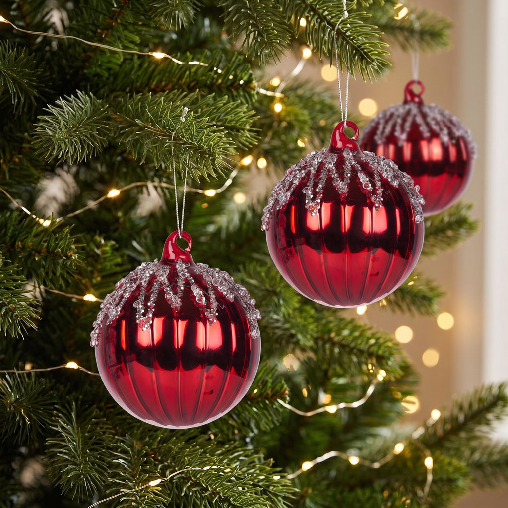 Christabelle 6 Red Glass Christmas Baubles Jewel Ice Drips 8cm Xmas Tree Decorations Hanging Ornaments Gift Boxed Set
