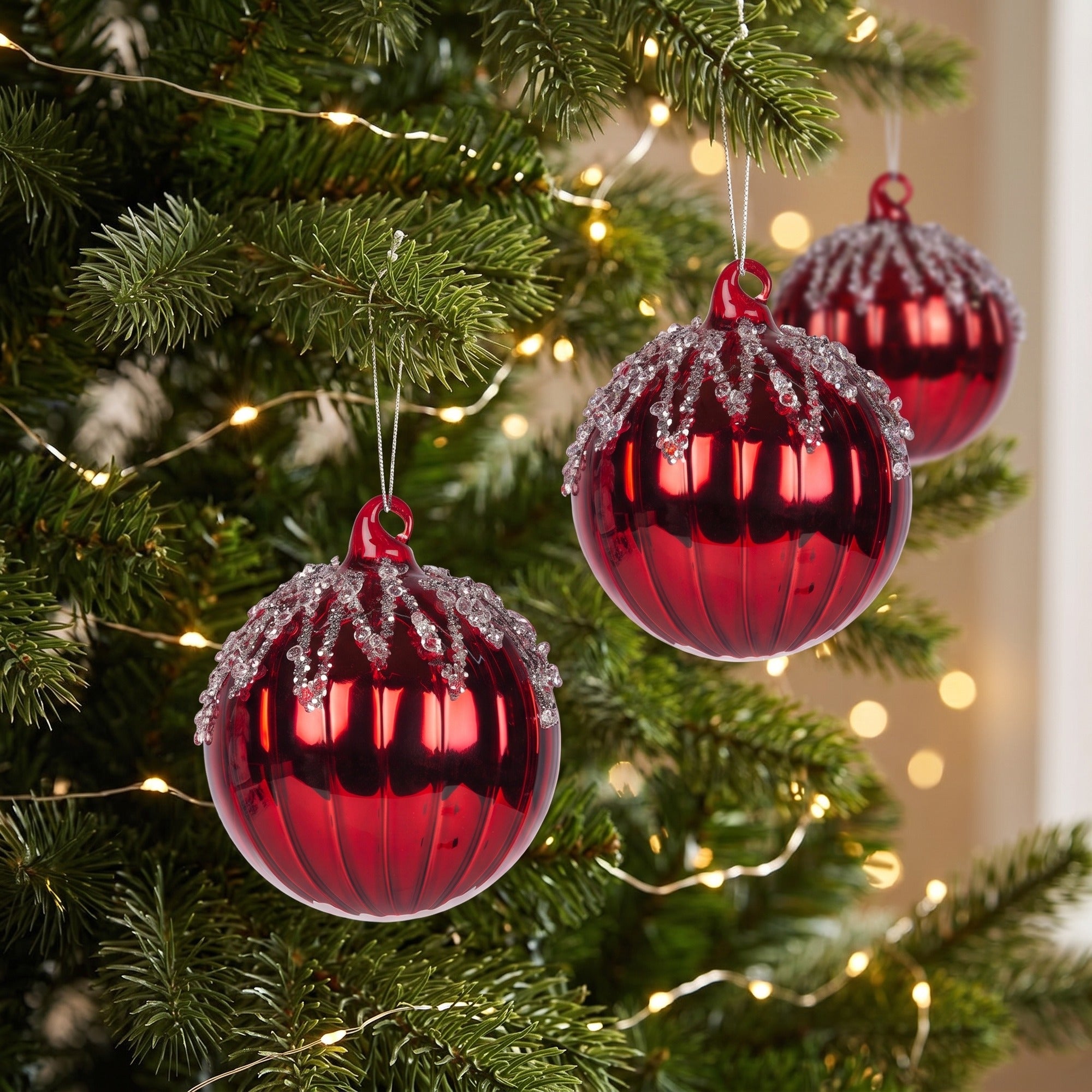 Christabelle 6 Red Glass Christmas Baubles Jewel Ice Drips 8cm Xmas Tree Decorations Hanging Ornaments Gift Boxed Set
