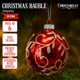 Christabelle Glossy Red Glass Baubles 6Pcs with Swirly Vine Pattern Balls Christmas Tree Decoration Ornament
