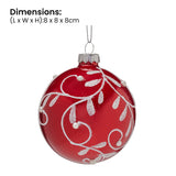 Christabelle Glossy Red Glass Baubles 6Pcs with Swirly Vine Pattern Balls Christmas Tree Decoration Ornament