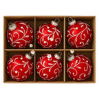 Christabelle Glossy Red Glass Baubles 6Pcs with Swirly Vine Pattern Balls Christmas Tree Decoration Ornament