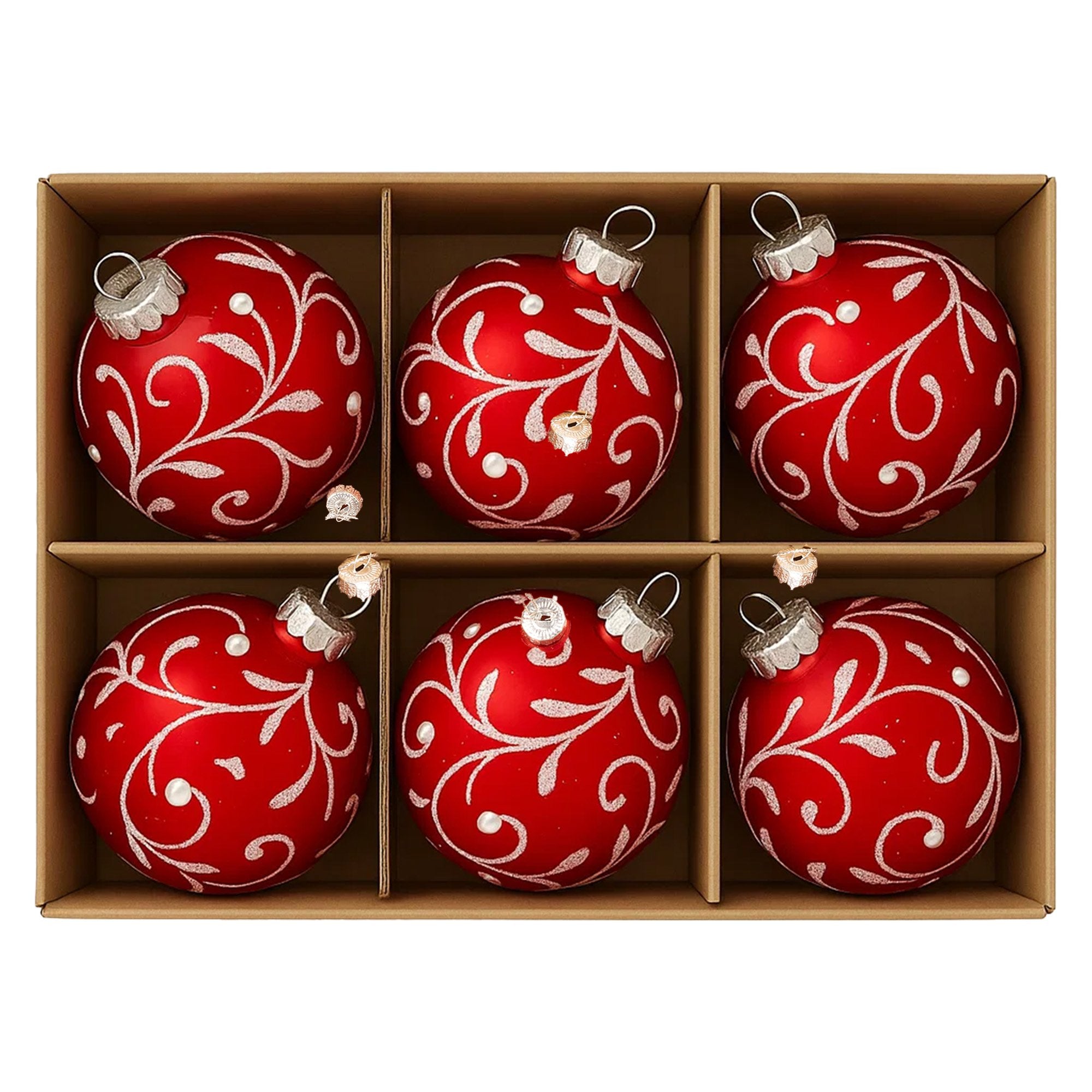 Christabelle Glossy Red Glass Baubles 6Pcs with Swirly Vine Pattern Balls Christmas Tree Decoration Ornament