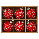 Christabelle Glossy Red Glass Baubles 6Pcs with Swirly Vine Pattern Balls Christmas Tree Decoration Ornament