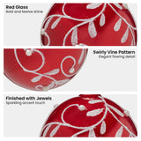 Christabelle Glossy Red Glass Baubles 6Pcs with Swirly Vine Pattern Balls Christmas Tree Decoration Ornament