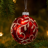 Christabelle Glossy Red Glass Baubles 6Pcs with Swirly Vine Pattern Balls Christmas Tree Decoration Ornament