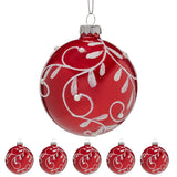 Christabelle Glossy Red Glass Baubles 6Pcs with Swirly Vine Pattern Balls Christmas Tree Decoration Ornament