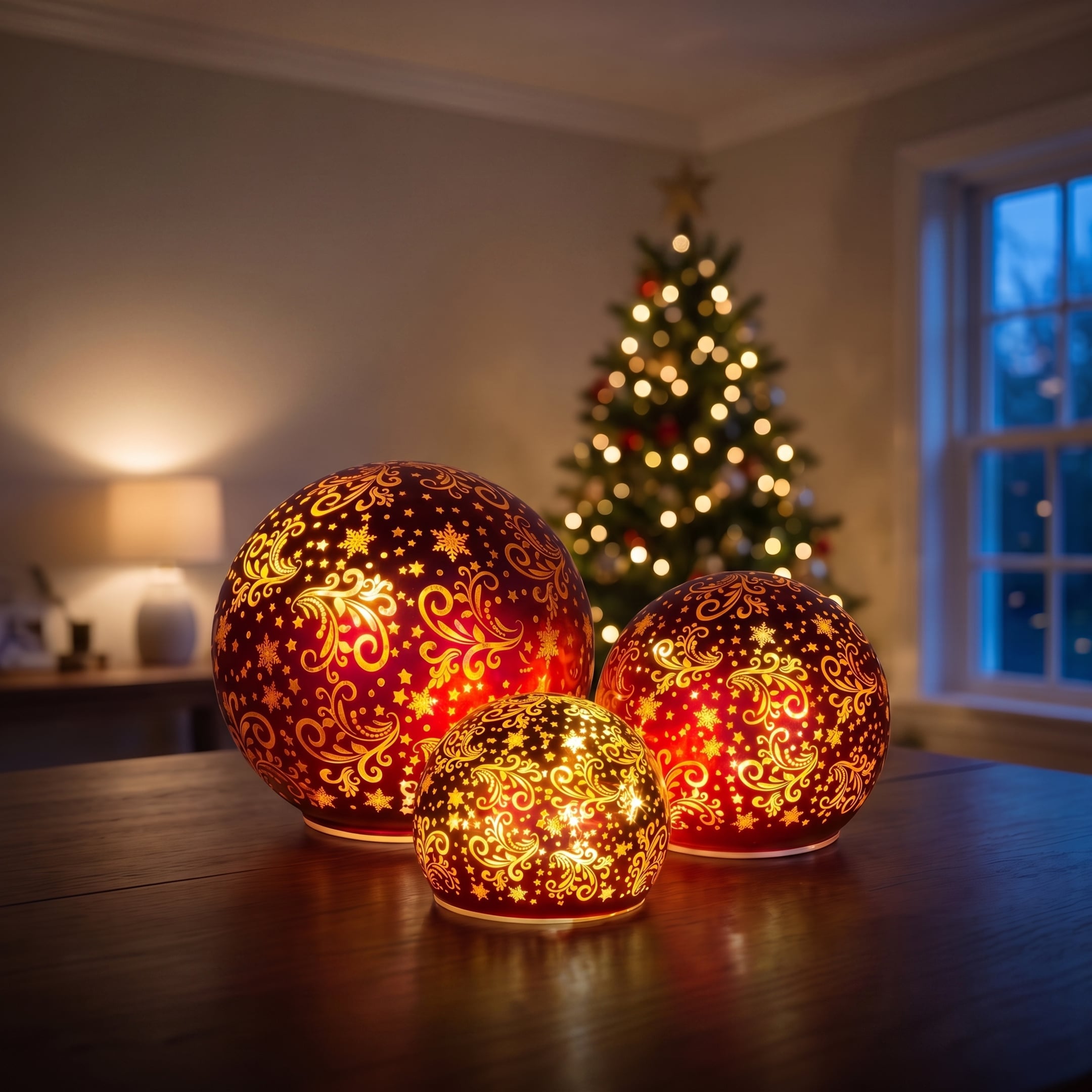 Christabelle 3 Red Glass Christmas LED Light Up Spheres Gold Pattern Table Decor Xmas Ornaments Battery Operated
