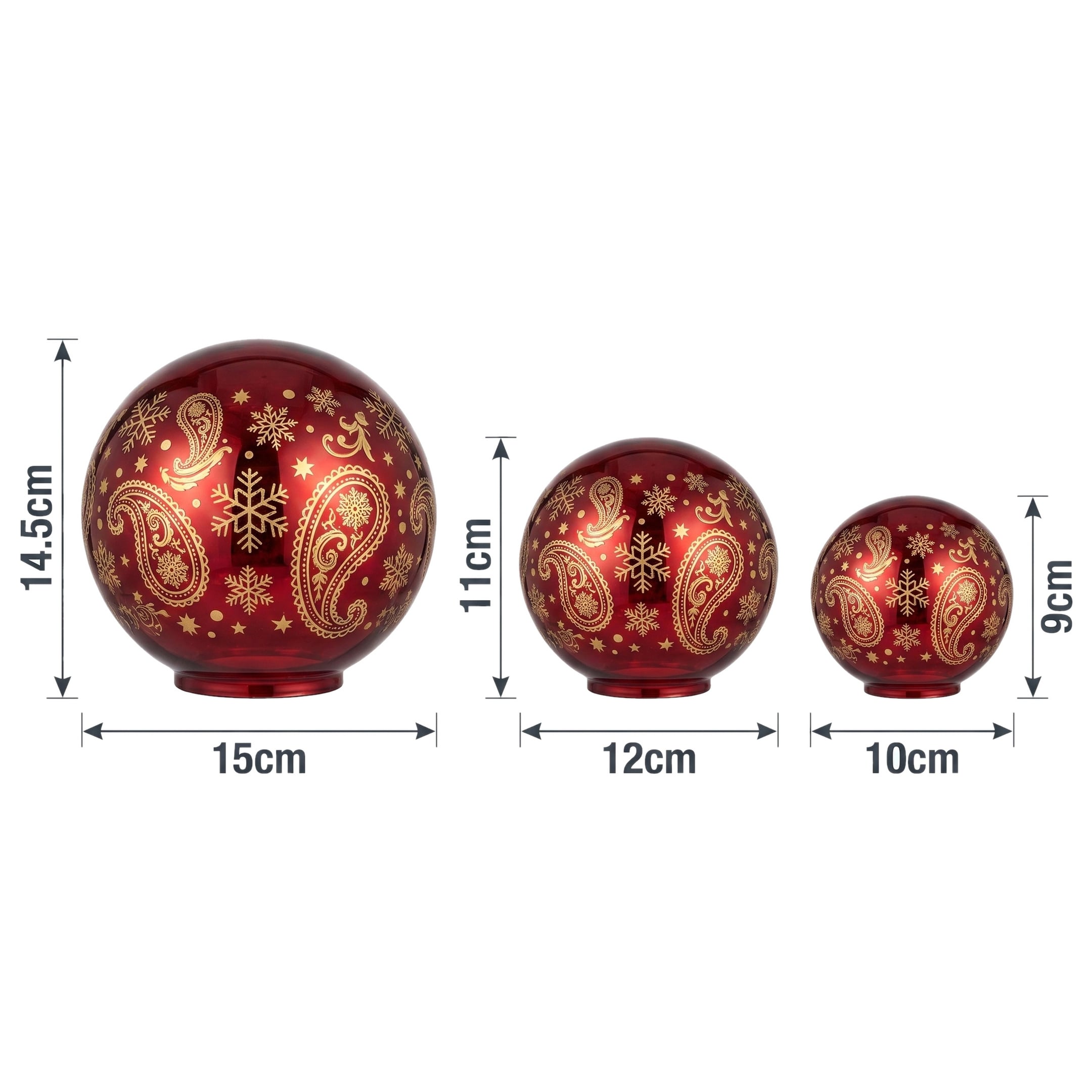 Christabelle 3 Red Glass Christmas LED Light Up Spheres Gold Pattern Table Decor Xmas Ornaments Battery Operated