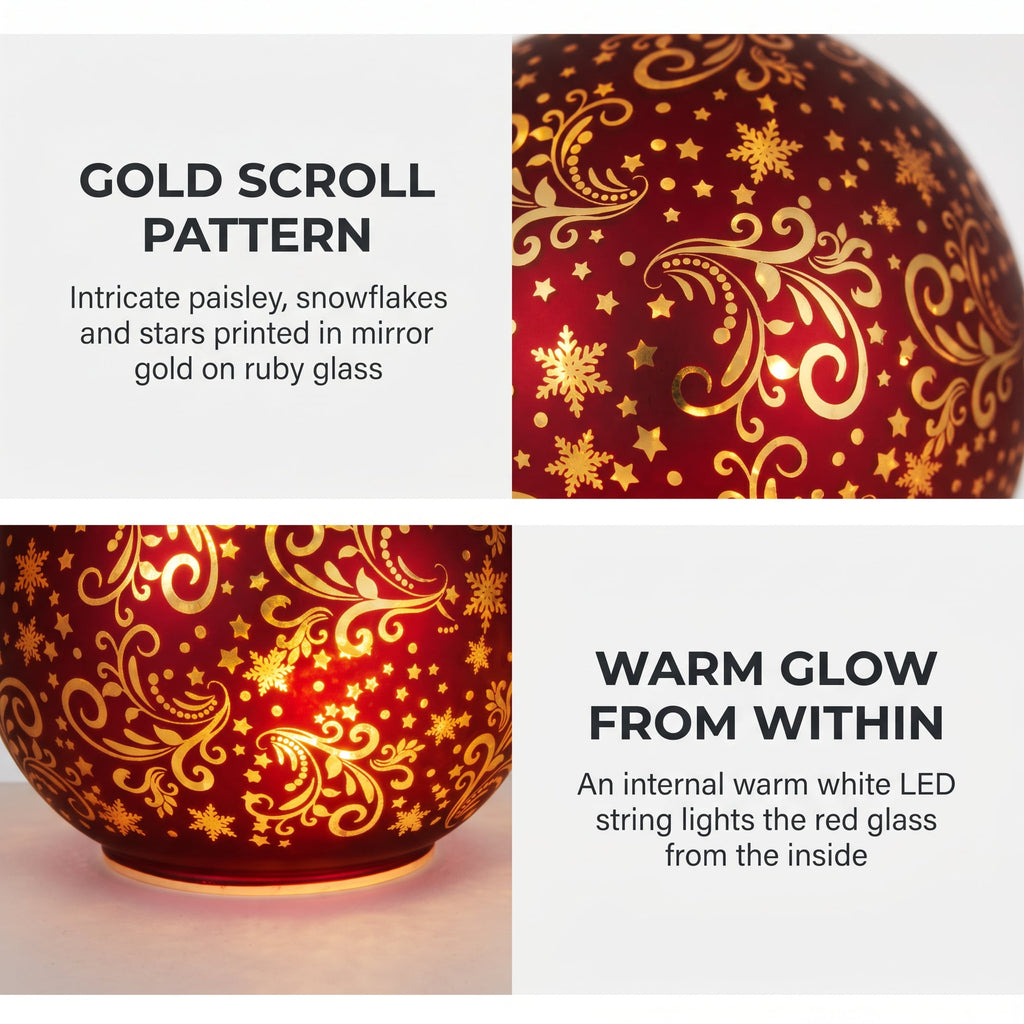 Christabelle 3 Red Glass Christmas LED Light Up Spheres Gold Pattern Table Decor Xmas Ornaments Battery Operated