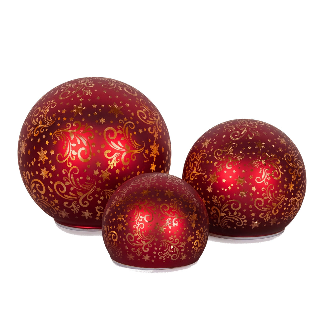 Christabelle 3 Red Glass Christmas LED Light Up Spheres Gold Pattern Table Decor Xmas Ornaments Battery Operated