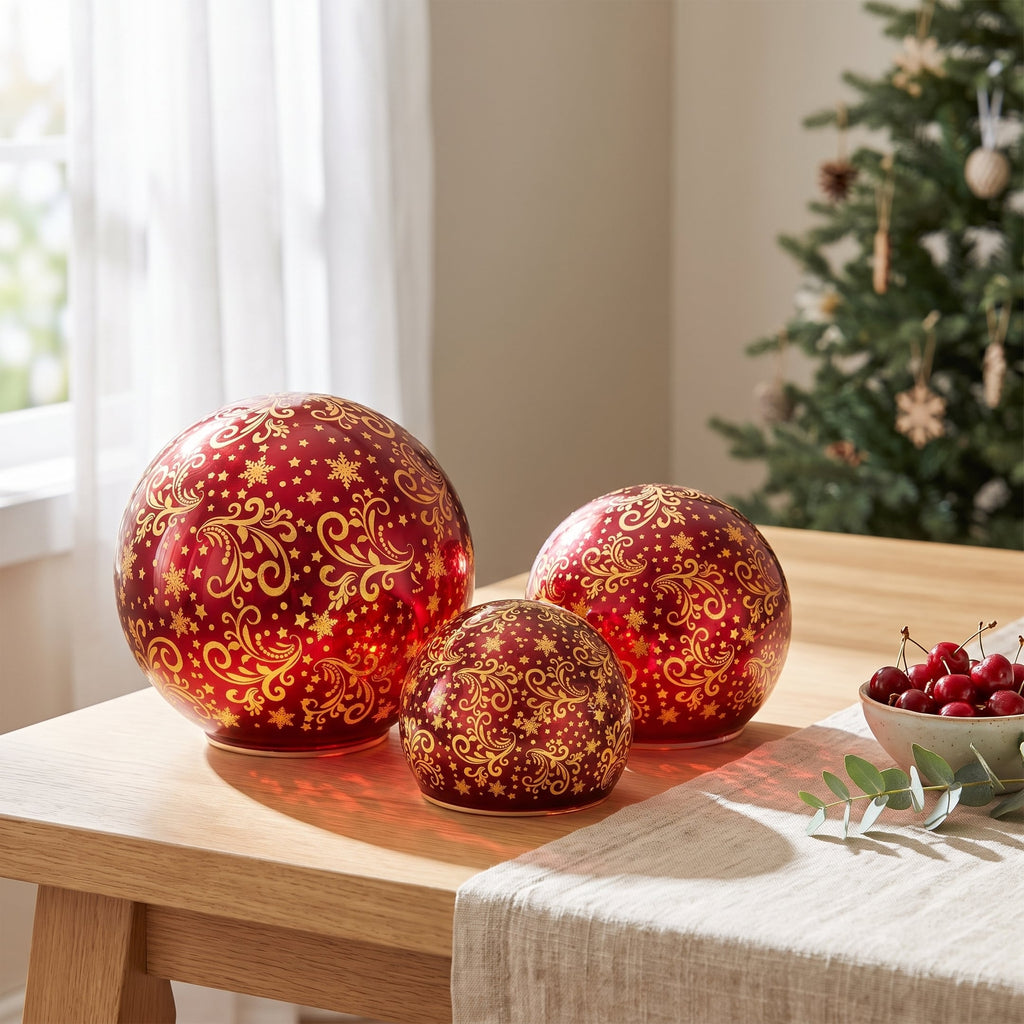 Christabelle 3 Red Glass Christmas LED Light Up Spheres Gold Pattern Table Decor Xmas Ornaments Battery Operated