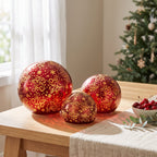 Christabelle 3 Red Glass Christmas LED Light Up Spheres Gold Pattern Table Decor Xmas Ornaments Battery Operated