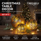 Christabelle 3 Silver Glass Christmas LED Light Up Spheres Gold Pattern Table Decor Xmas Ornaments Battery Operated