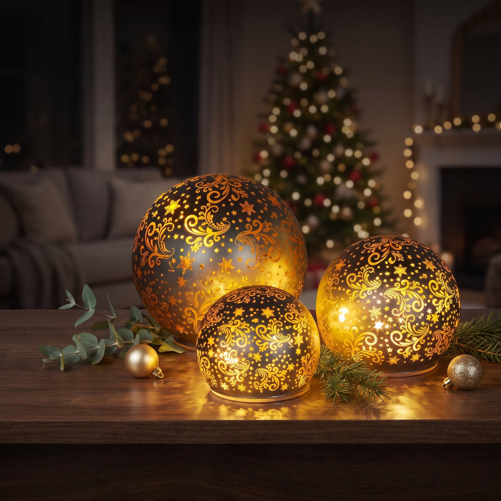 Christabelle 3 Silver Glass Christmas LED Light Up Spheres Gold Pattern Table Decor Xmas Ornaments Battery Operated