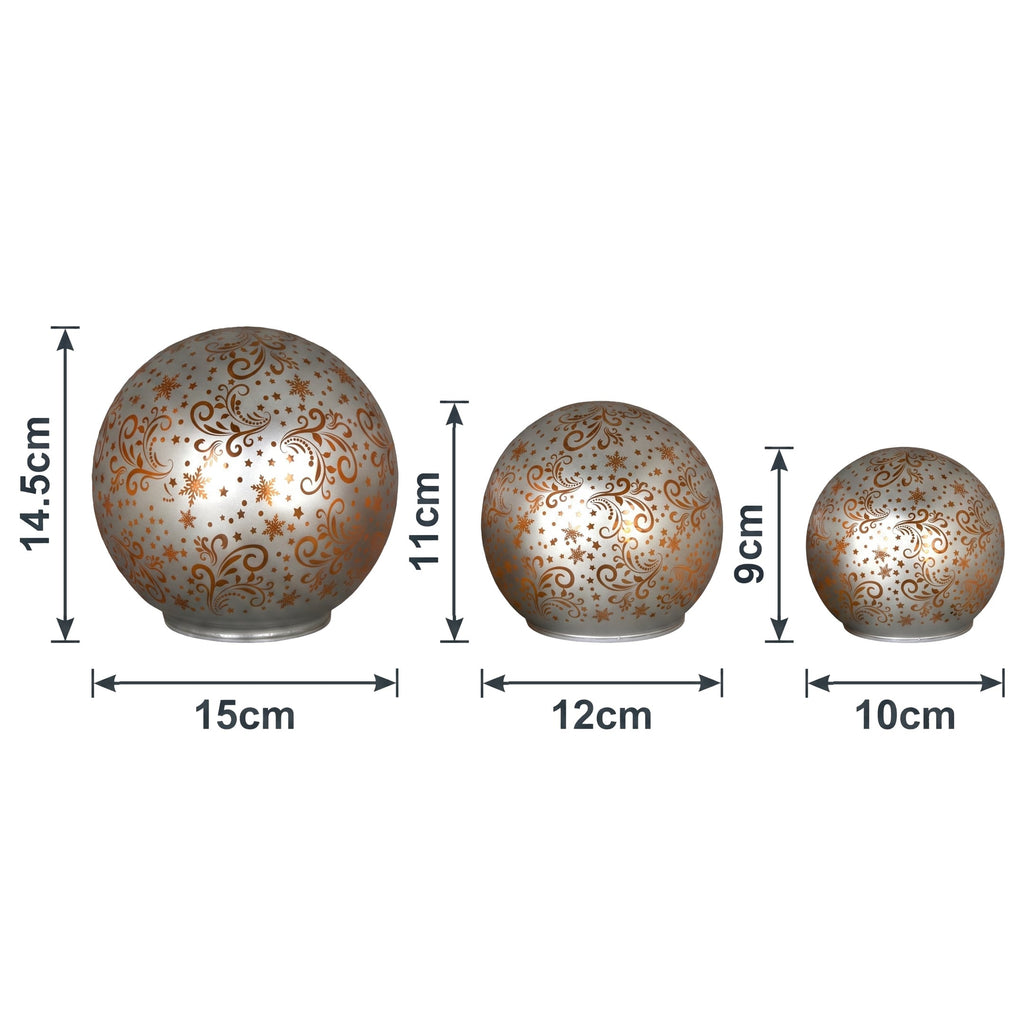 Christabelle 3 Silver Glass Christmas LED Light Up Spheres Gold Pattern Table Decor Xmas Ornaments Battery Operated