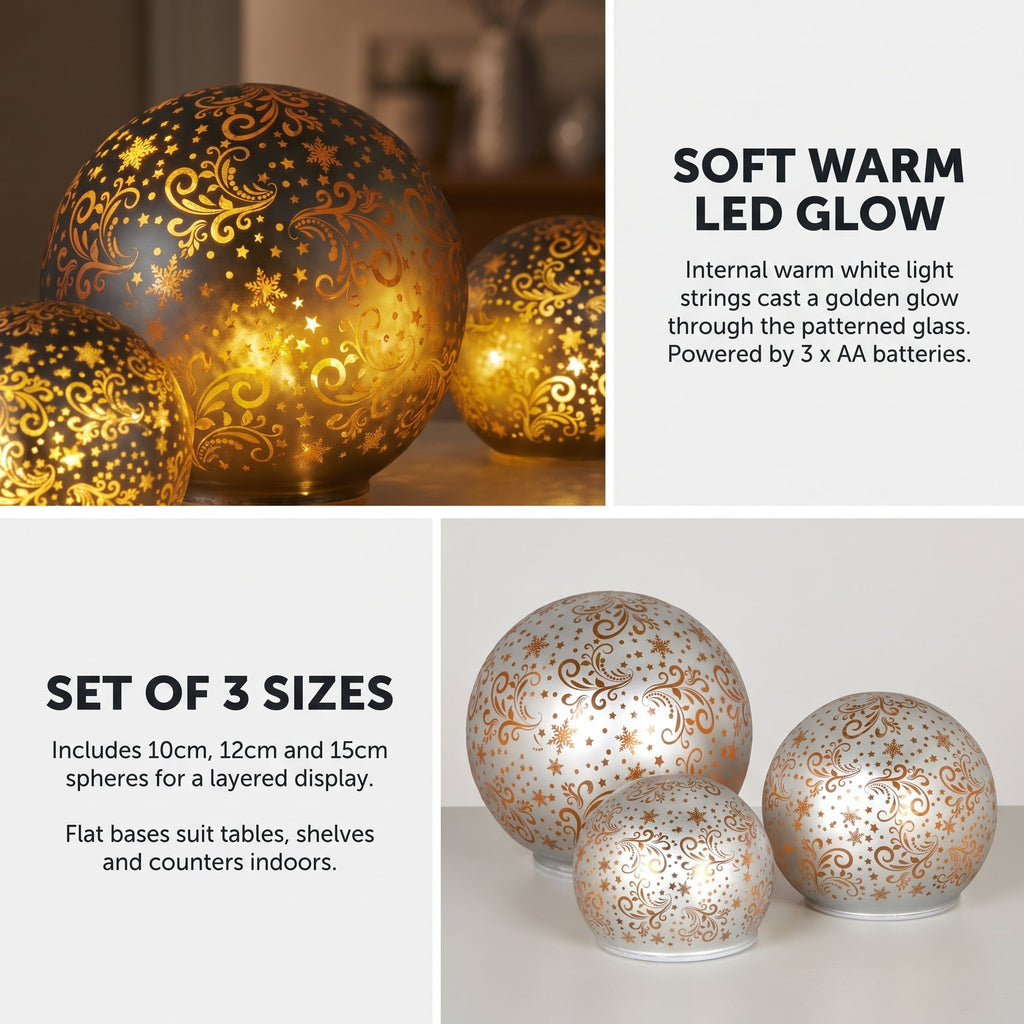Christabelle 3 Silver Glass Christmas LED Light Up Spheres Gold Pattern Table Decor Xmas Ornaments Battery Operated