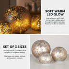 Christabelle 3 Silver Glass Christmas LED Light Up Spheres Gold Pattern Table Decor Xmas Ornaments Battery Operated