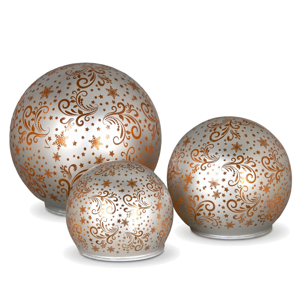 Christabelle 3 Silver Glass Christmas LED Light Up Spheres Gold Pattern Table Decor Xmas Ornaments Battery Operated