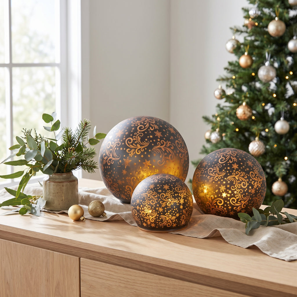 Christabelle 3 Silver Glass Christmas LED Light Up Spheres Gold Pattern Table Decor Xmas Ornaments Battery Operated
