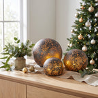 Christabelle 3 Silver Glass Christmas LED Light Up Spheres Gold Pattern Table Decor Xmas Ornaments Battery Operated