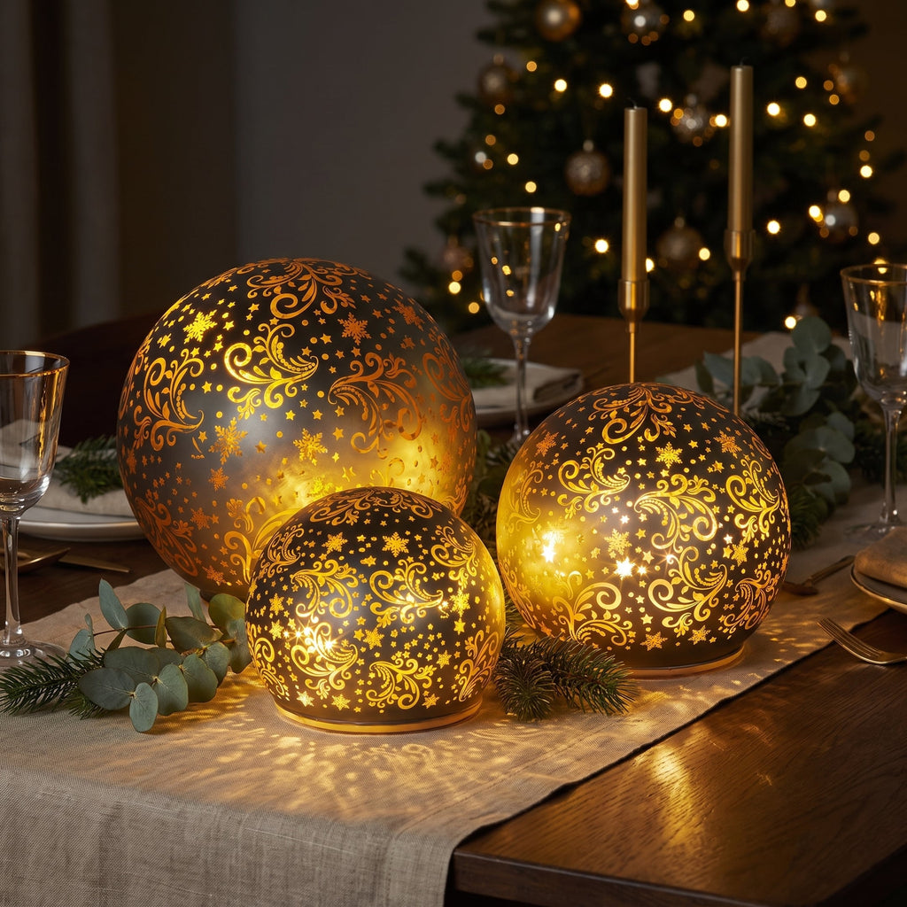 Christabelle 3 Silver Glass Christmas LED Light Up Spheres Gold Pattern Table Decor Xmas Ornaments Battery Operated