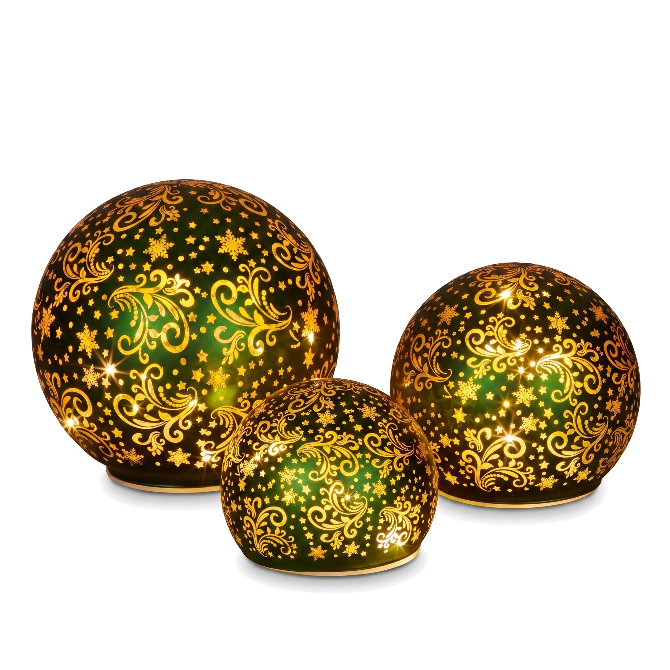 Christabelle 3 Green Glass Christmas LED Light Up Spheres Gold Pattern Table Decor Xmas Ornaments Battery Operated