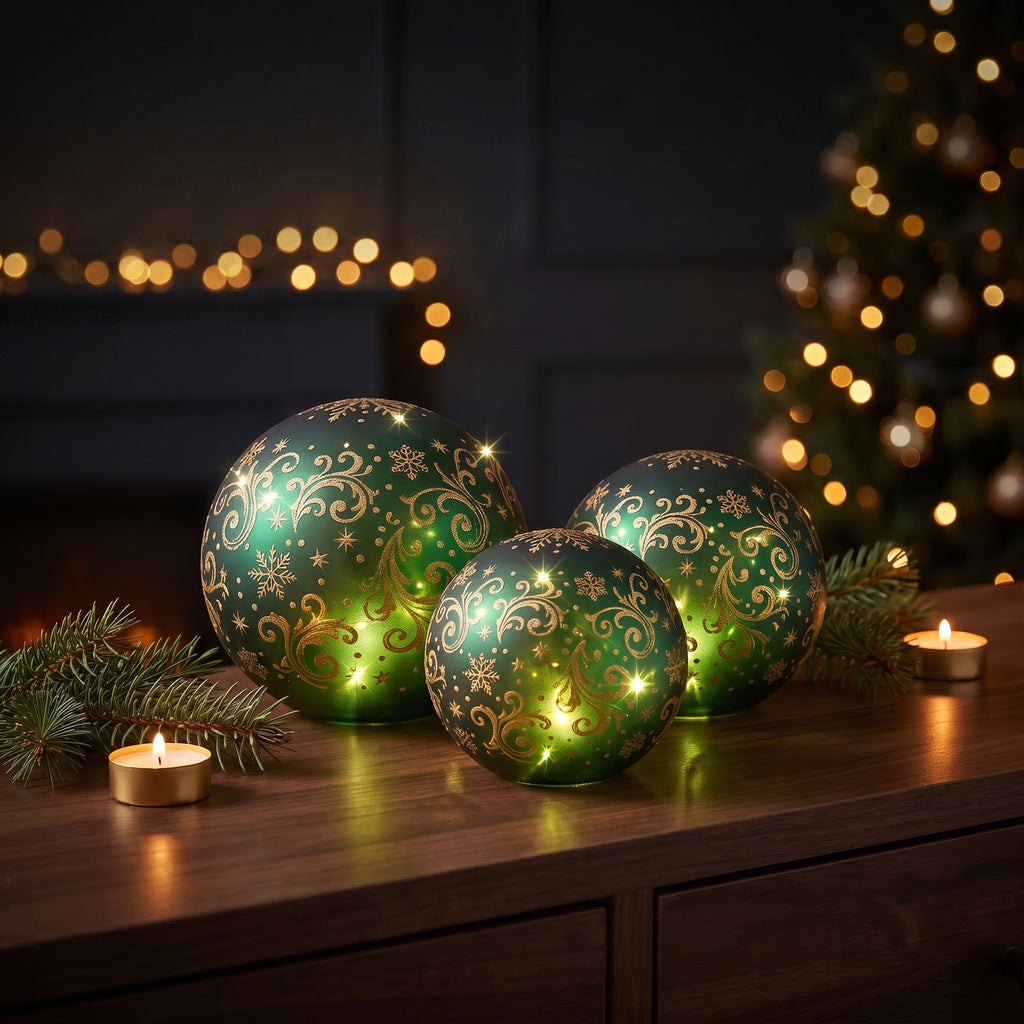 Christabelle 3 Green Glass Christmas LED Light Up Spheres Gold Pattern Table Decor Xmas Ornaments Battery Operated
