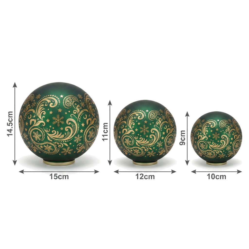 Christabelle 3 Green Glass Christmas LED Light Up Spheres Gold Pattern Table Decor Xmas Ornaments Battery Operated