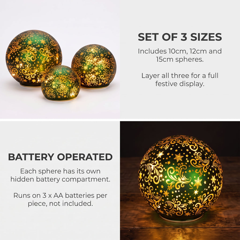 Christabelle 3 Green Glass Christmas LED Light Up Spheres Gold Pattern Table Decor Xmas Ornaments Battery Operated